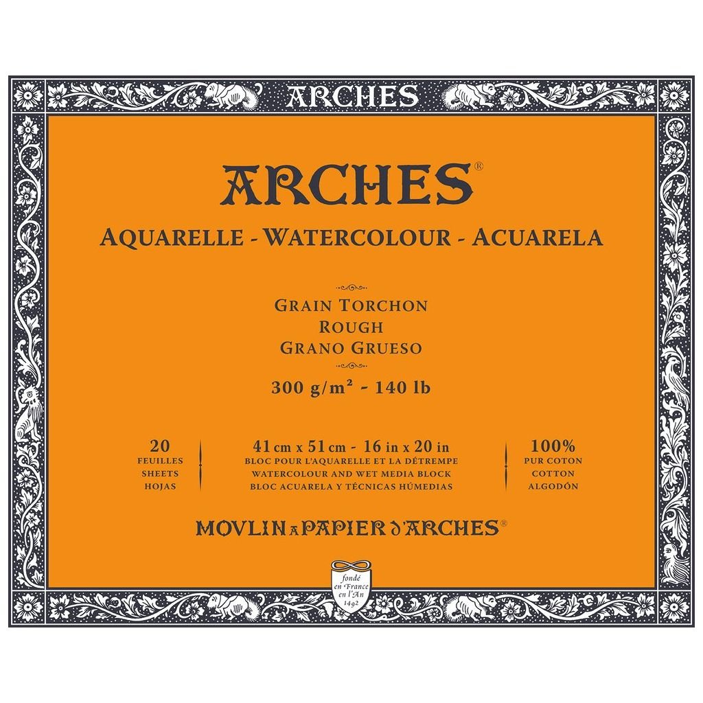 Arches Watercolour- Aquarelle - 41 cm x 51 cm Natural White Rough Grain 300 GSM Paper, 4 Side Glued Pad of 20 Sheets