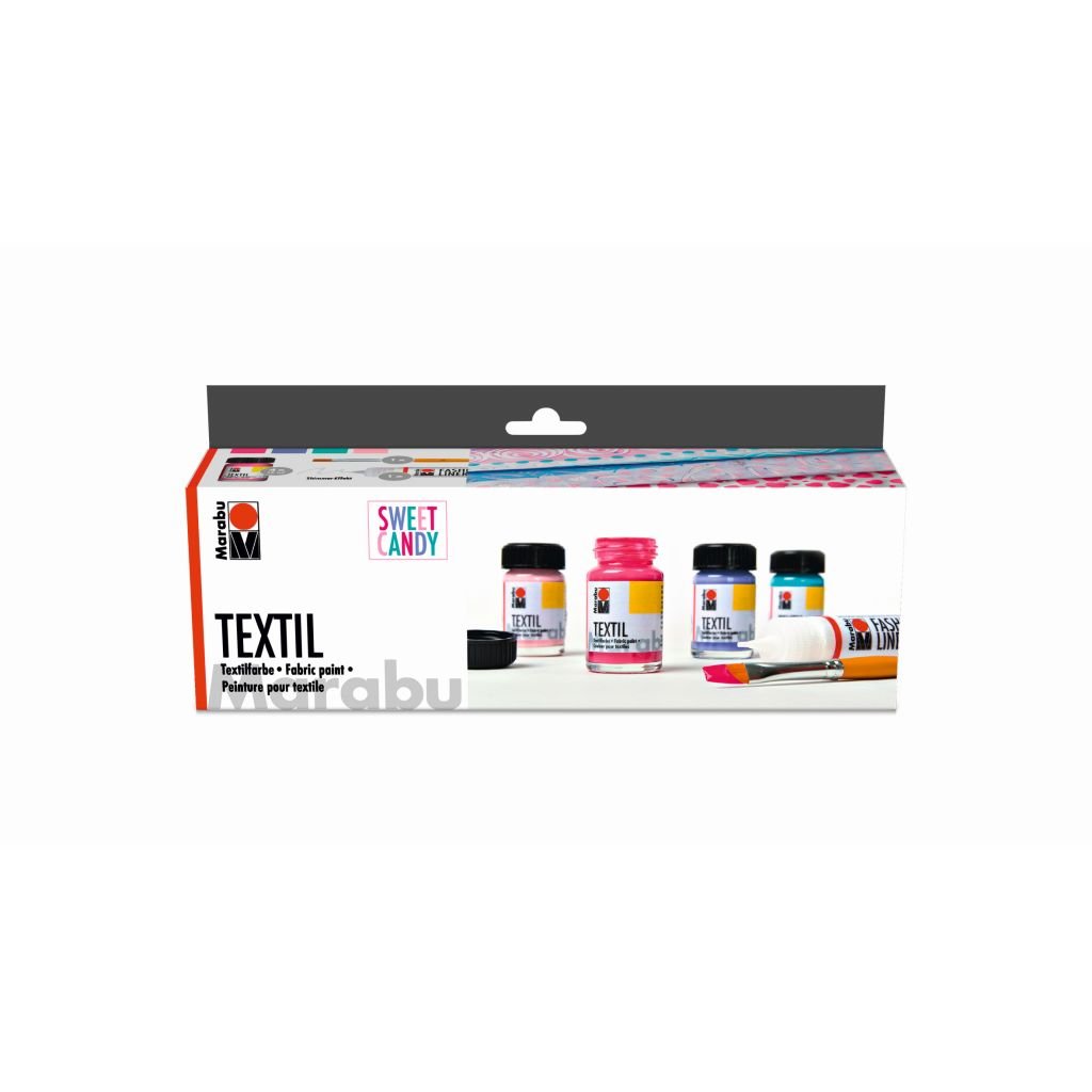 Marabu Textil Sweet Candy - Colour Trend - Set of 4 x 15 ML Bottle with Brush and Fashion Liner