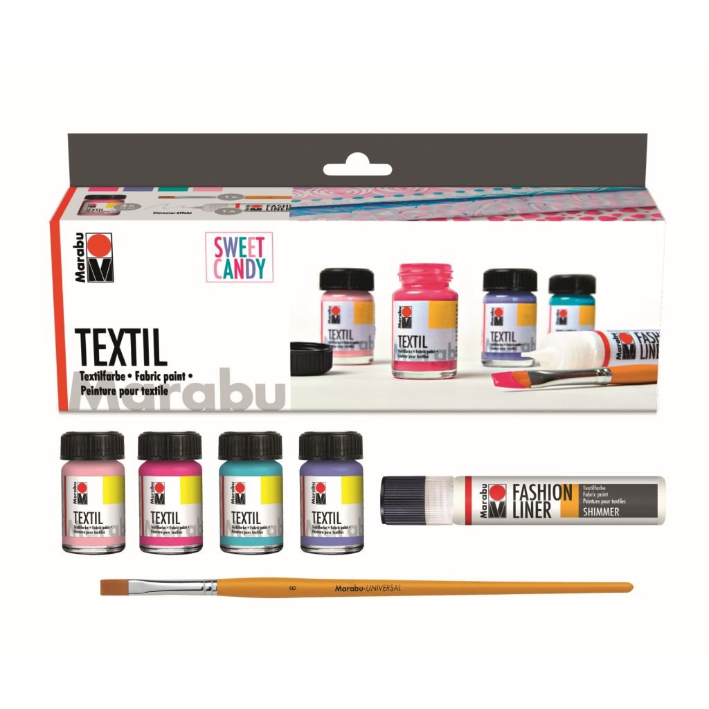Marabu Textil Sweet Candy - Colour Trend - Set of 4 x 15 ML Bottle with Brush and Fashion Liner