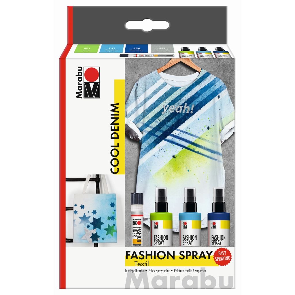 Marabu Fashion Spray Trend Set - Cool Denim - Set of 3 x 100 ML Spray Bottles With Fashion Liner