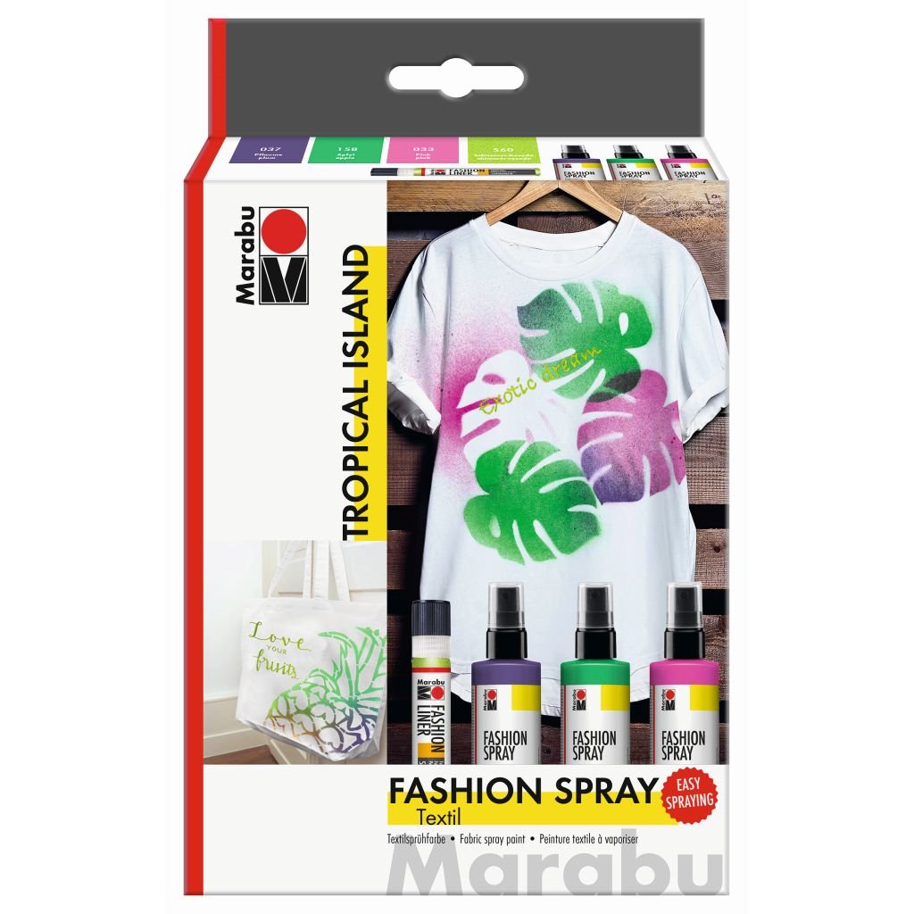 Marabu Fashion Spray Trend Set - Tropical Island - Set of 3 x 100 ML Spray Bottles With Fashion Liner