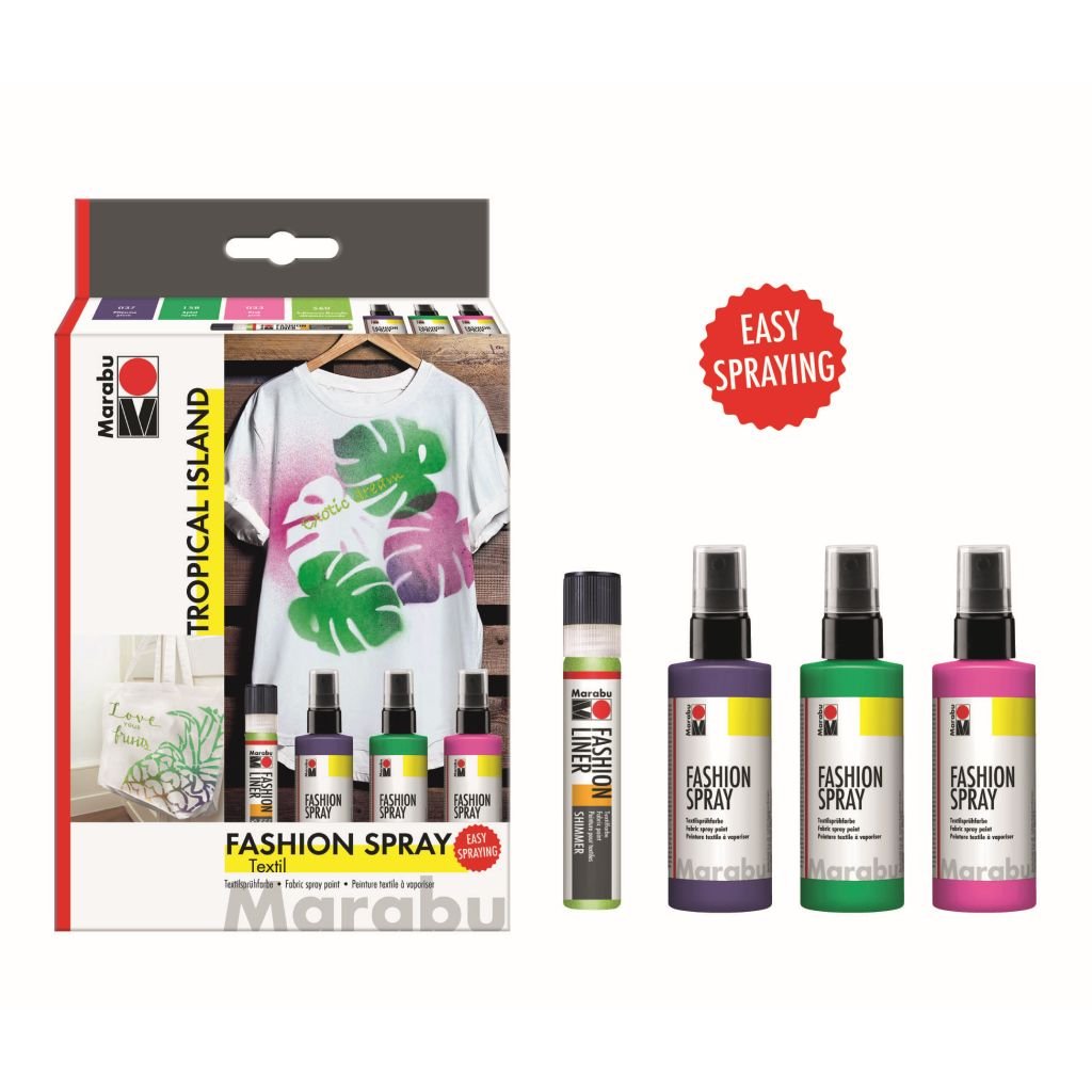 Marabu Fashion Spray Trend Set - Tropical Island - Set of 3 x 100 ML Spray Bottles With Fashion Liner