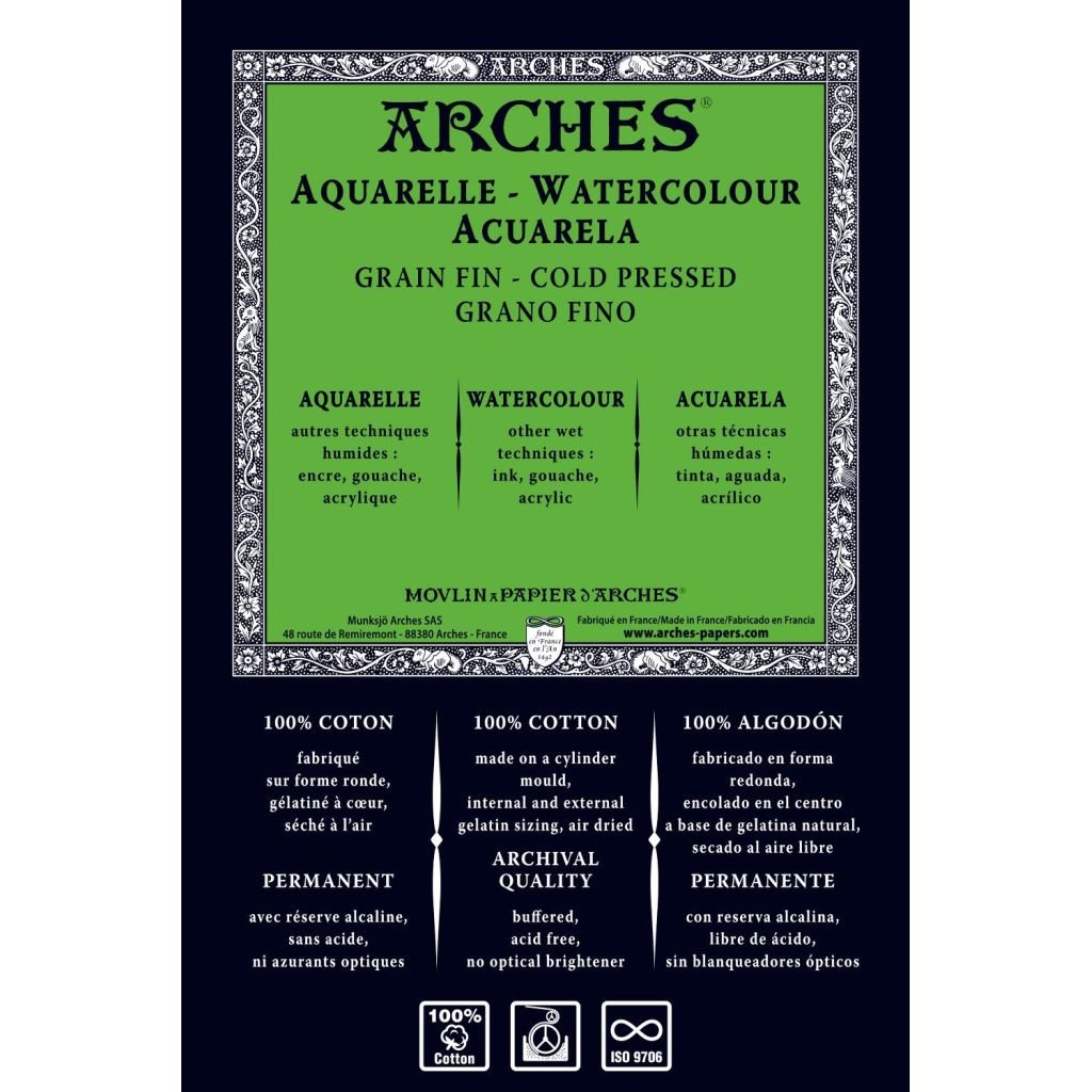 Arches Watercolour - Aquarelle - 56 cm x 76 cm Natural White Fine Grain / Cold Press 185 GSM 100% Cotton Paper, Pack of 10 Sheets
