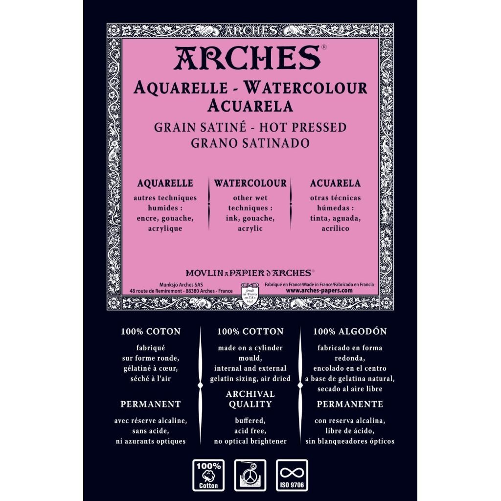 Arches Watercolour - Aquarelle - 56 cm x 76 cm Natural White Satin Grain / Hot Press 185 GSM 100% Cotton Paper, Pack of 10 Sheets