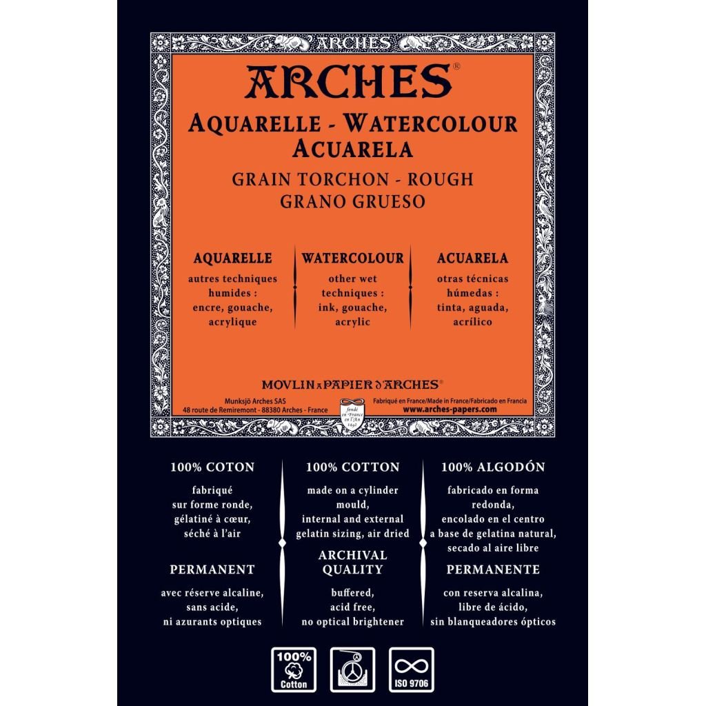 Arches Watercolour - Aquarelle - 56 cm x 76 cm Natural White Rough Grain 185 GSM 100% Cotton Paper, Pack of 10 Sheets