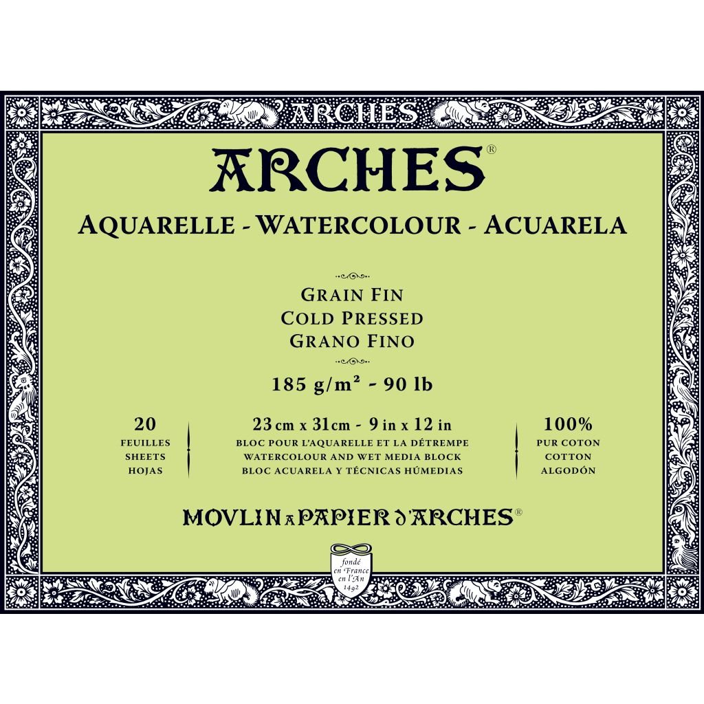 Arches Watercolour- Aquarelle - 23 cm x 31 cm Natural White Fine Grain / Cold Press 185 GSM Paper, 4 Side Glued Pad of 20 Sheets