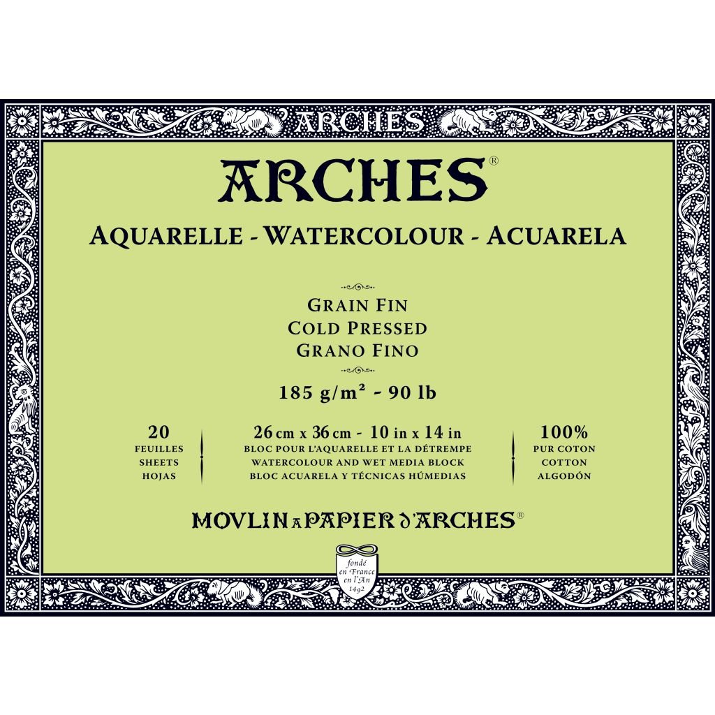 Arches Watercolour- Aquarelle - 26 cm x 36 cm Natural White Fine Grain / Cold Press 185 GSM Paper, 4 Side Glued Pad of 20 Sheets