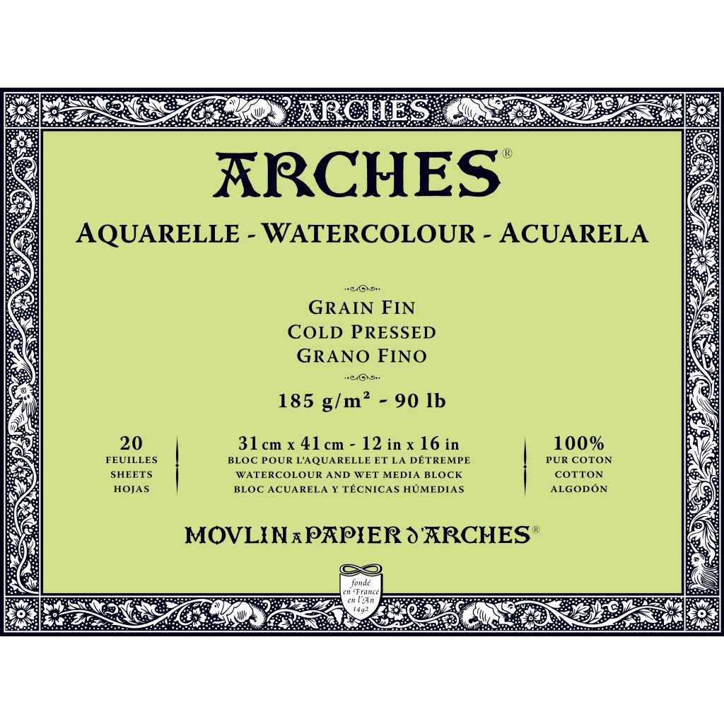 Arches Watercolour- Aquarelle - 31 cm x 41 cm Natural White Fine Grain / Cold Press 185 GSM Paper, 4 Side Glued Pad of 20 Sheets