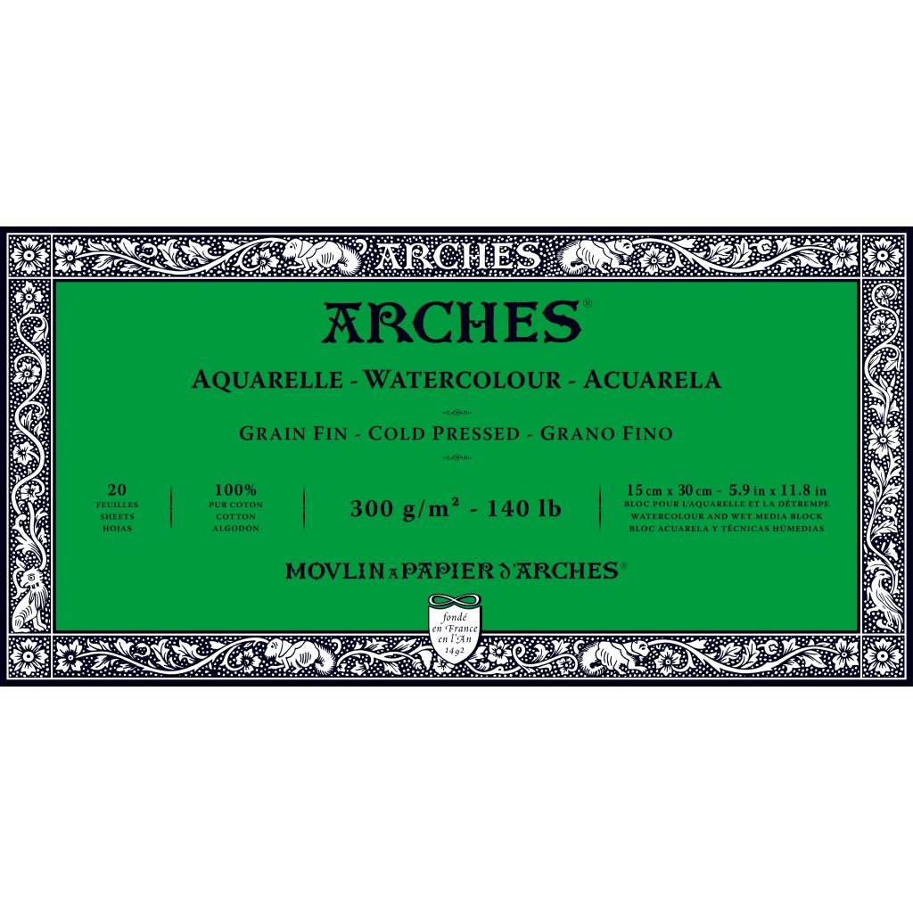 Arches Watercolour- Aquarelle - 15 cm x 30 cm Natural White Fine Grain / Cold Press 300 GSM Paper, 4 Side Glued Pad of 20 Sheets
