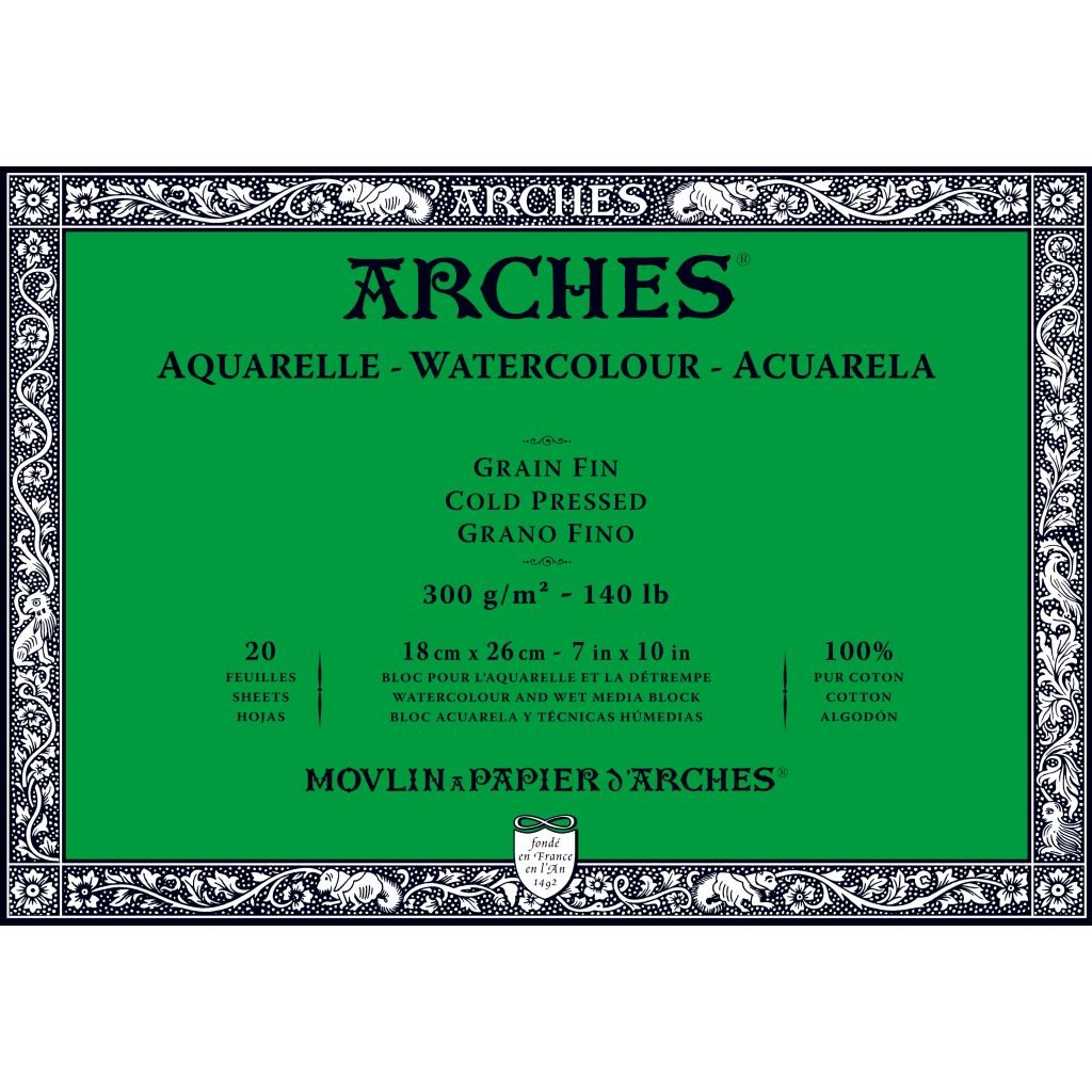 Arches Watercolour- Aquarelle - 18 cm x 26 cm Natural White Fine Grain / Cold Press 300 GSM Paper, 4 Side Glued Pad of 20 Sheets