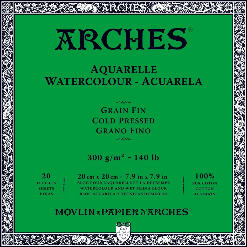 Arches Watercolour- Aquarelle - 20 cm x 20 cm Natural White Fine Grain / Cold Press 300 GSM Paper, 4 Side Glued Pad of 20 Sheets