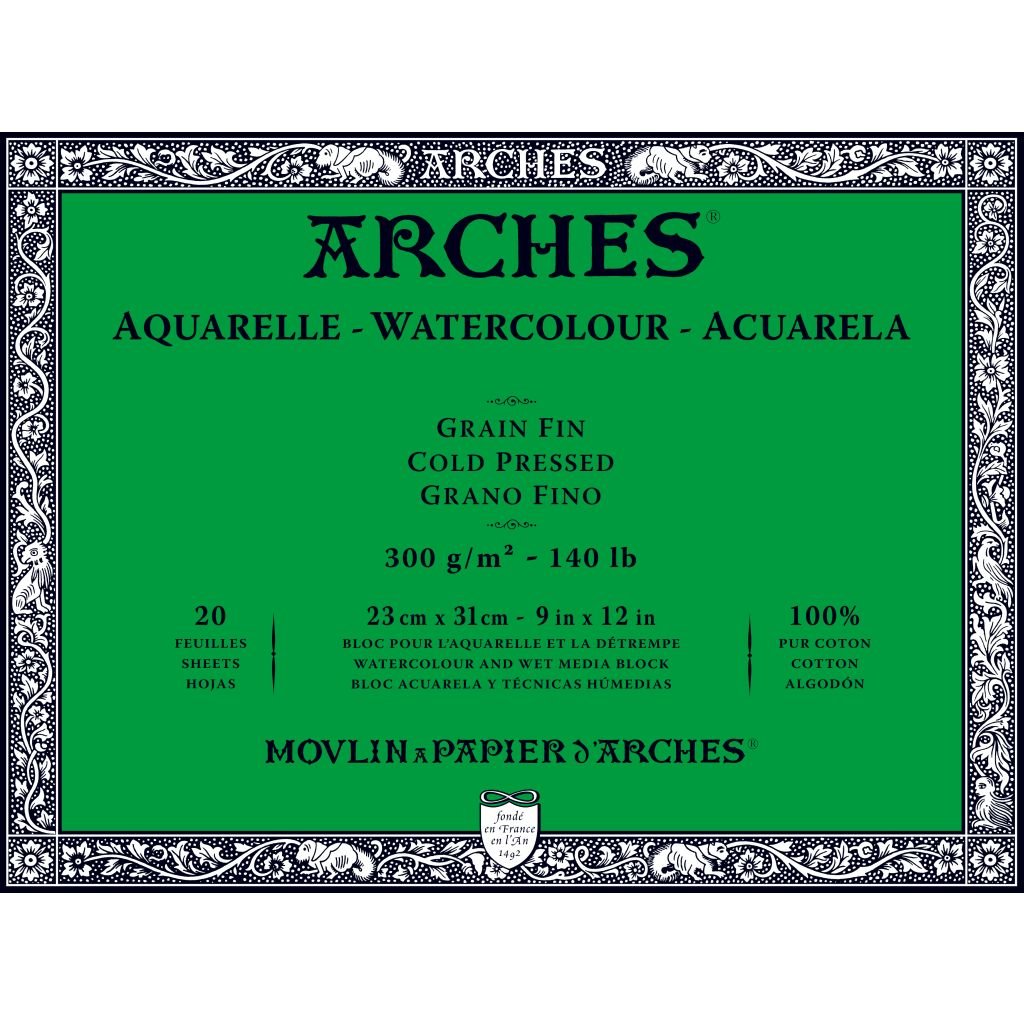 Arches Watercolour- Aquarelle - 23 cm x 31 cm Natural White Fine Grain / Cold Press 300 GSM Paper, 4 Side Glued Pad of 20 Sheets