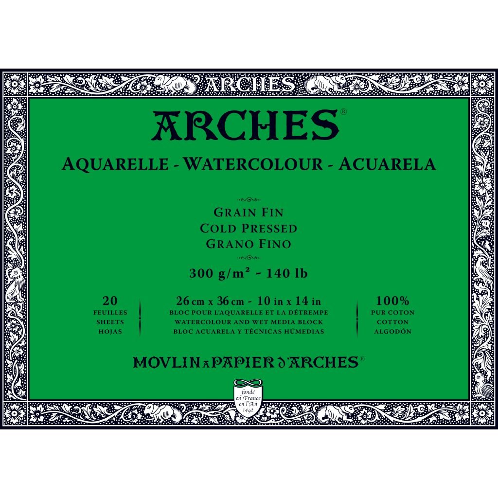 Arches Watercolour- Aquarelle - 26 cm x 36 cm Natural White Fine Grain / Cold Press 300 GSM Paper, 4 Side Glued Pad of 20 Sheets
