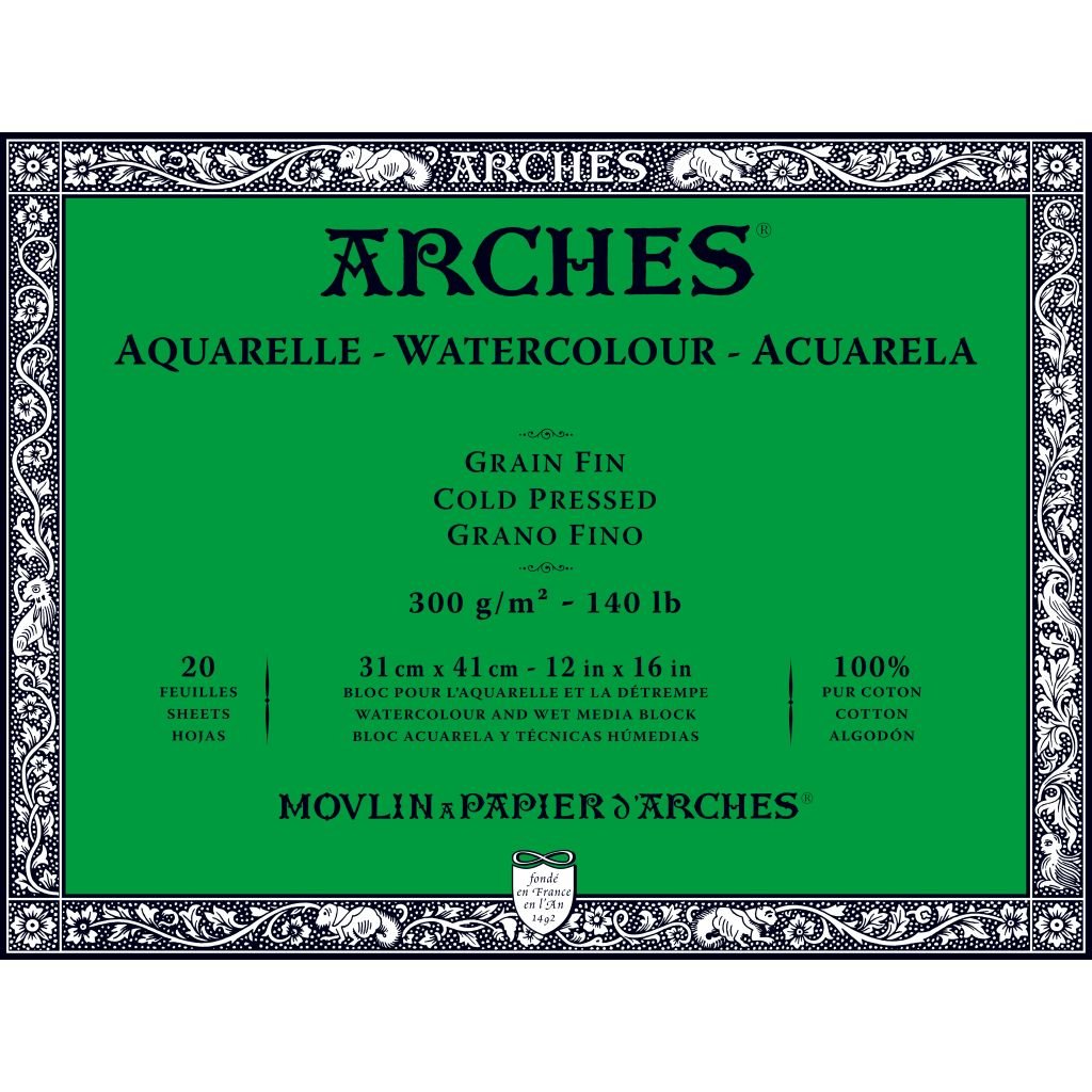 Arches Watercolour- Aquarelle - 31 cm x 41 cm Natural White Fine Grain / Cold Press 300 GSM Paper, 4 Side Glued Pad of 20 Sheets