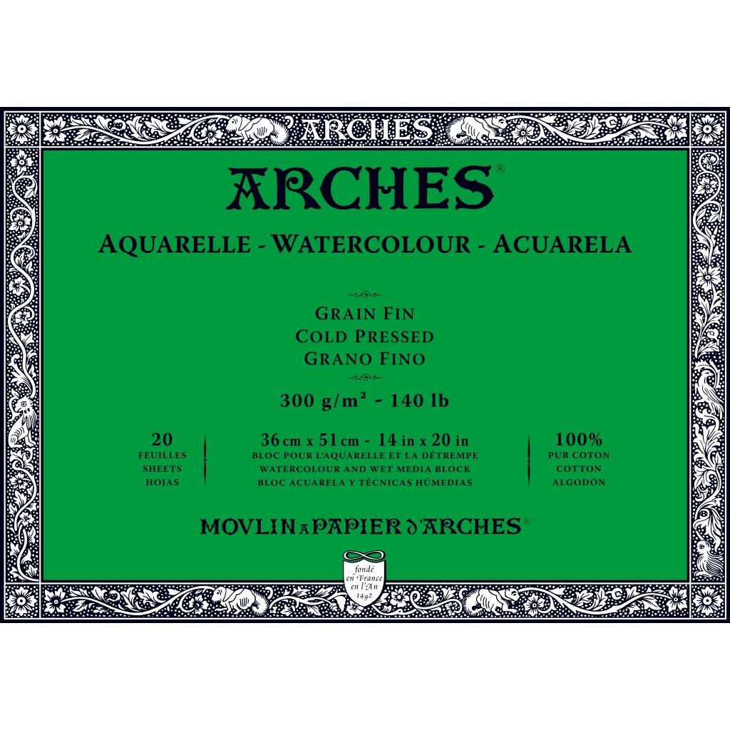 Arches Watercolour- Aquarelle - 36 cm x 51 cm Natural White Fine Grain / Cold Press 300 GSM Paper, 4 Side Glued Pad of 20 Sheets