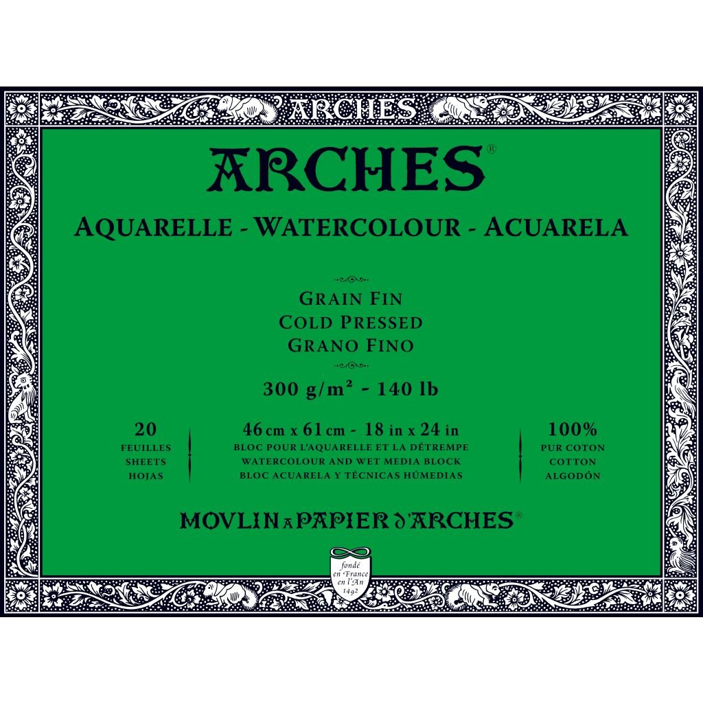 Arches Watercolour- Aquarelle - 46 cm x 61 cm Natural White Fine Grain / Cold Press 300 GSM Paper, 4 Side Glued Pad of 20 Sheets