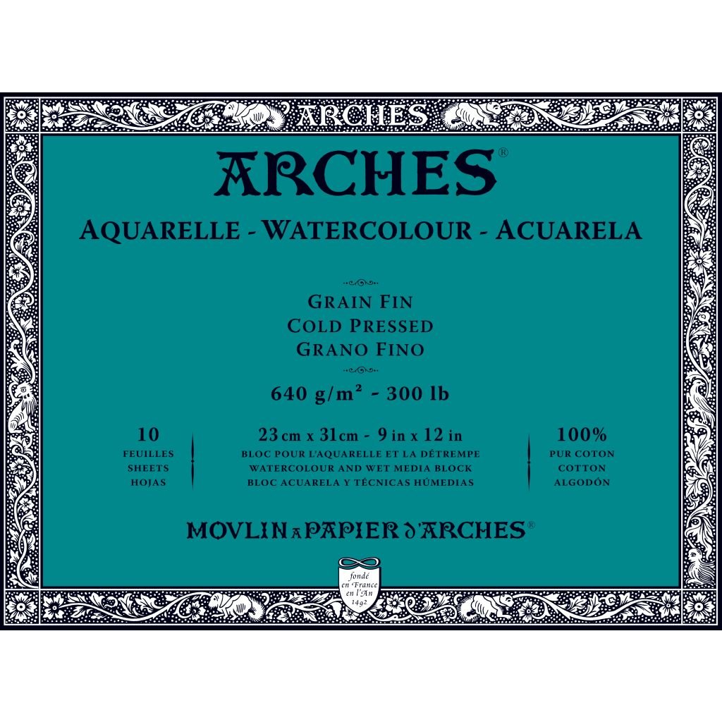 Arches Watercolour- Aquarelle - 23 cm x 31 cm Natural White Fine Grain / Cold Press 640 GSM Paper, 4 Side Glued Pad of 10 Sheets