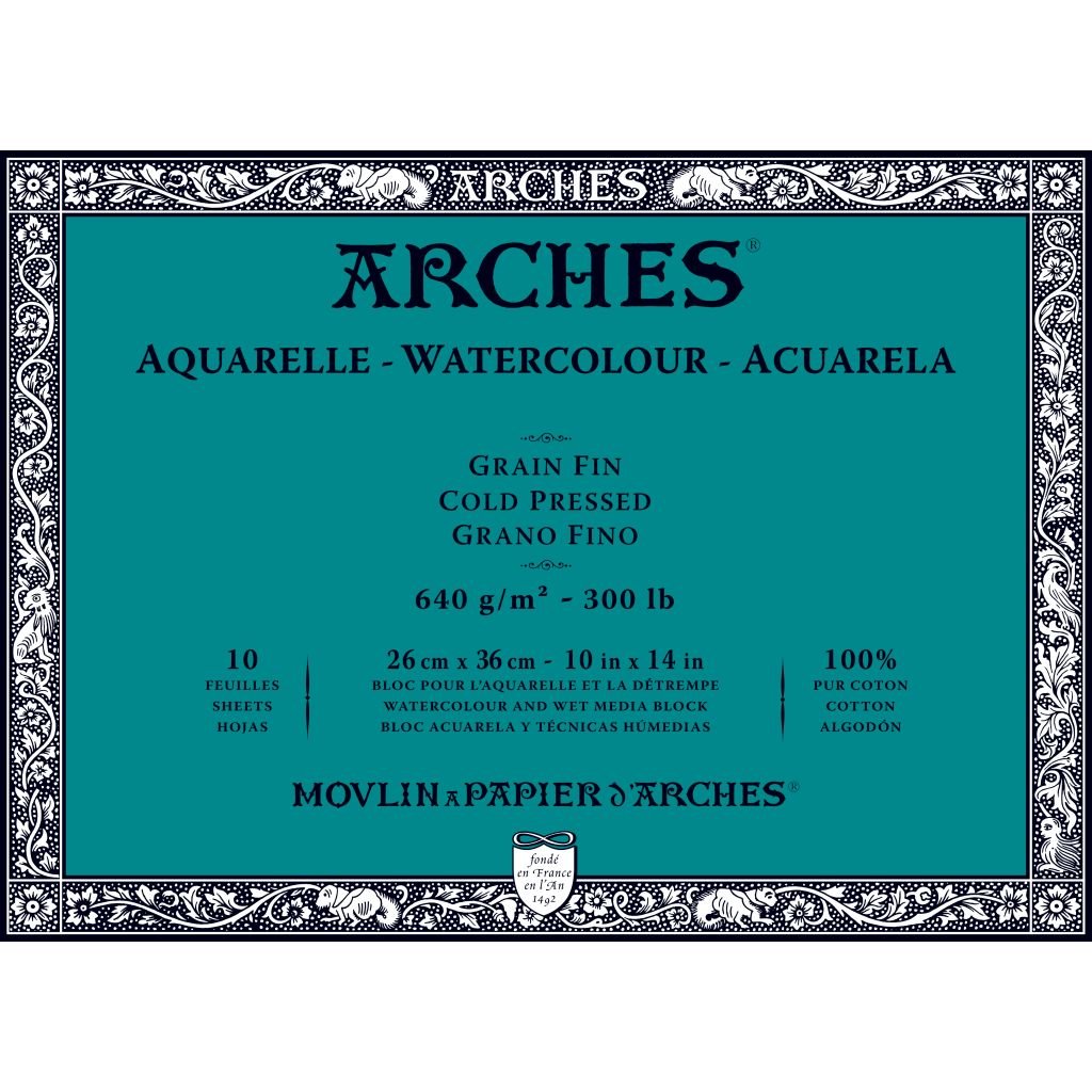 Arches Watercolour- Aquarelle - 26 cm x 36 cm Natural White Fine Grain / Cold Press 640 GSM Paper, 4 Side Glued Pad of 10 Sheets