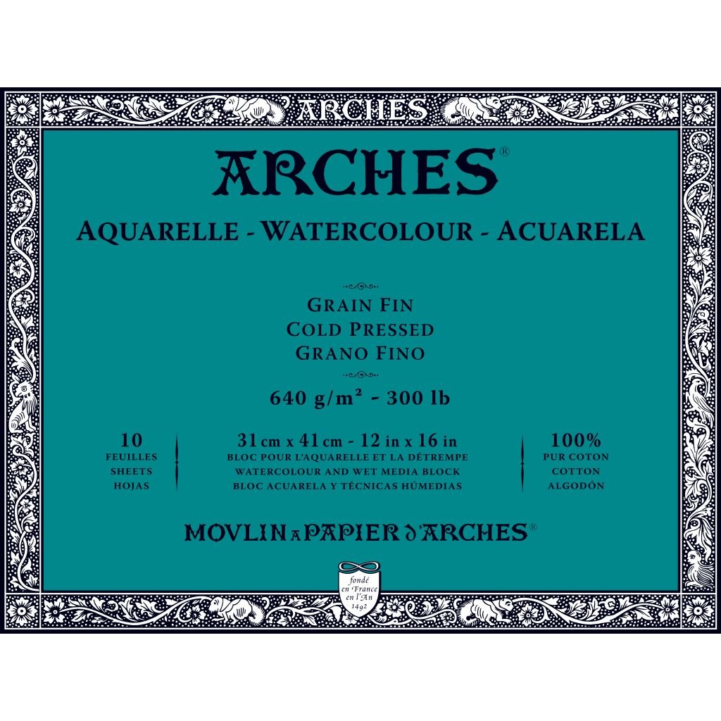 Arches Watercolour- Aquarelle - 31 cm x 41 cm Natural White Fine Grain / Cold Press 640 GSM Paper, 4 Side Glued Pad of 10 Sheets