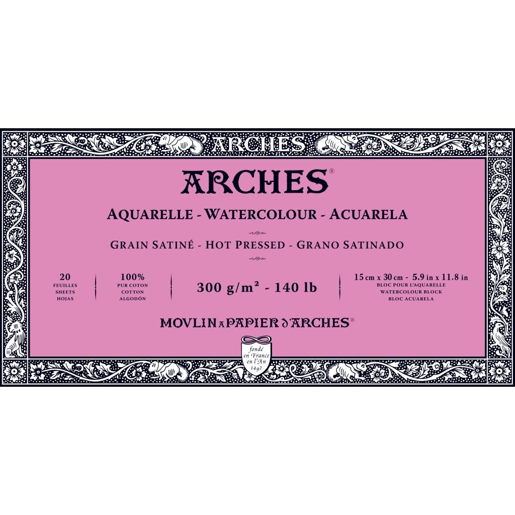 Arches Watercolour- Aquarelle - 15 cm x 30 cm Natural White Satin Grain / Hot Press 300 GSM Paper, 4 Side Glued Pad of 20 Sheets