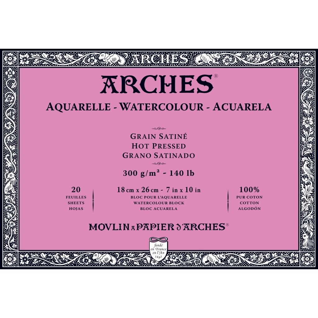 Arches Watercolour- Aquarelle - 18 cm x 26 cm Natural White Satin Grain / Hot Press 300 GSM Paper, 4 Side Glued Pad of 20 Sheets