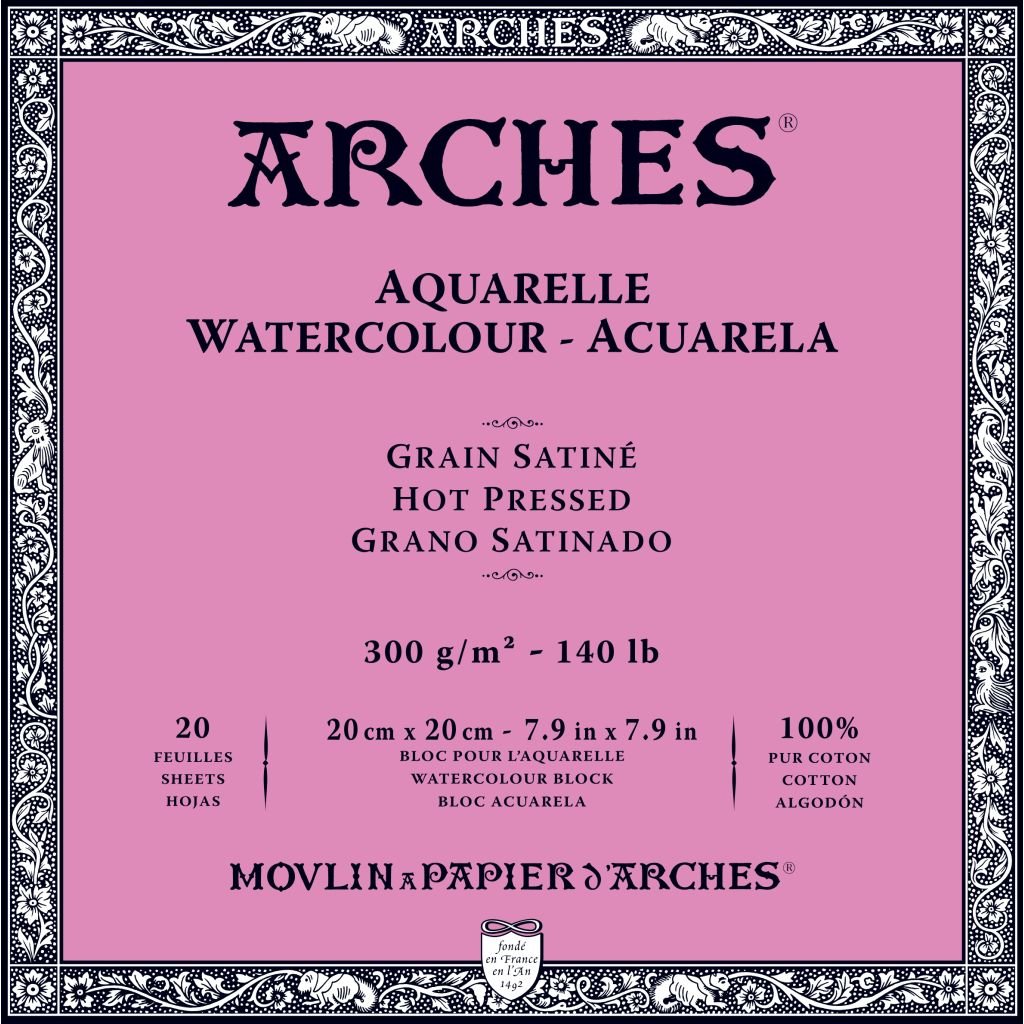 Arches Watercolour- Aquarelle - 20 cm x 20 cm Natural White Satin Grain / Hot Press 300 GSM Paper, 4 Side Glued Pad of 20 Sheets