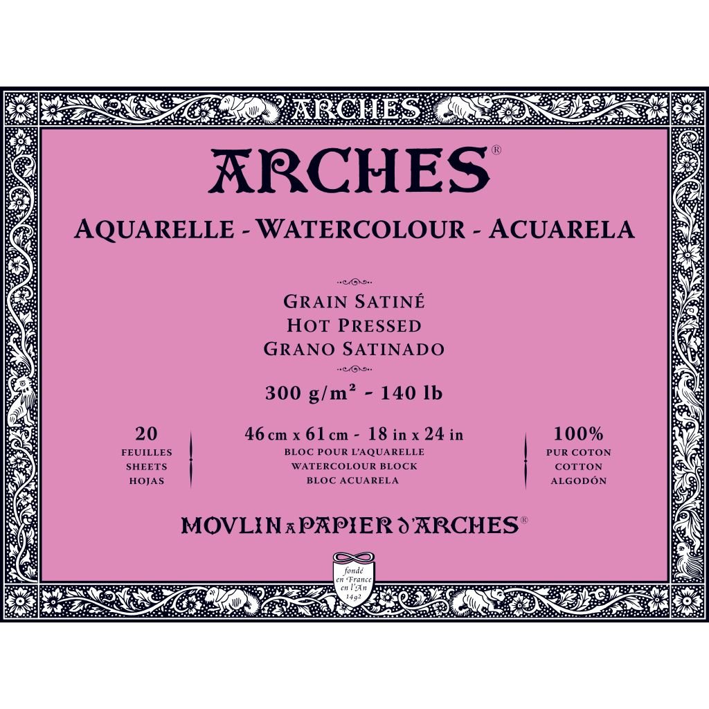 Arches Watercolour- Aquarelle - 46 cm x 61 cm Natural White Satin Grain / Hot Press 300 GSM Paper, 4 Side Glued Pad of 20 Sheets