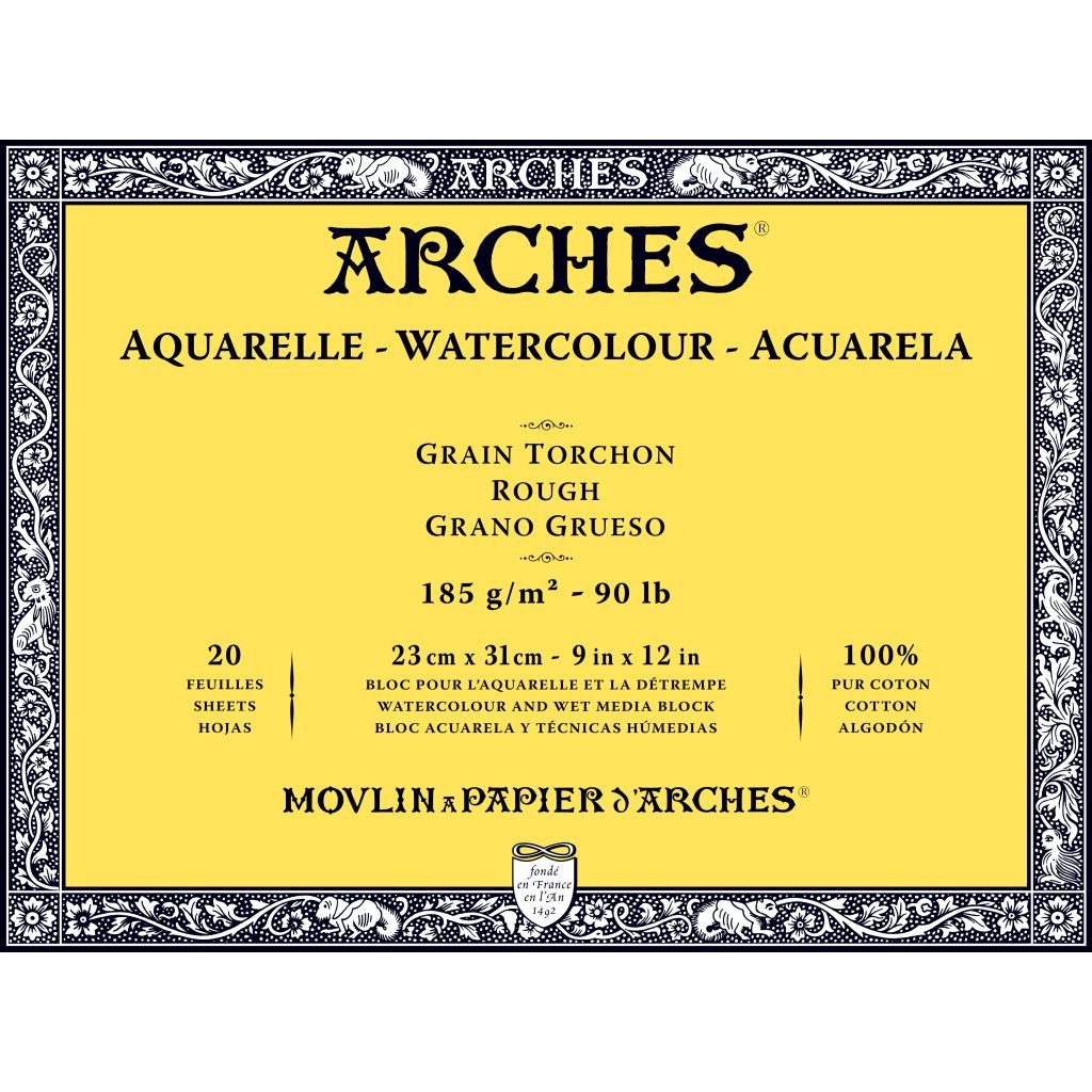 Arches Watercolour- Aquarelle - 23 cm x 31 cm Natural White Rough Grain 185 GSM Paper, 4 Side Glued Pad of 20 Sheets