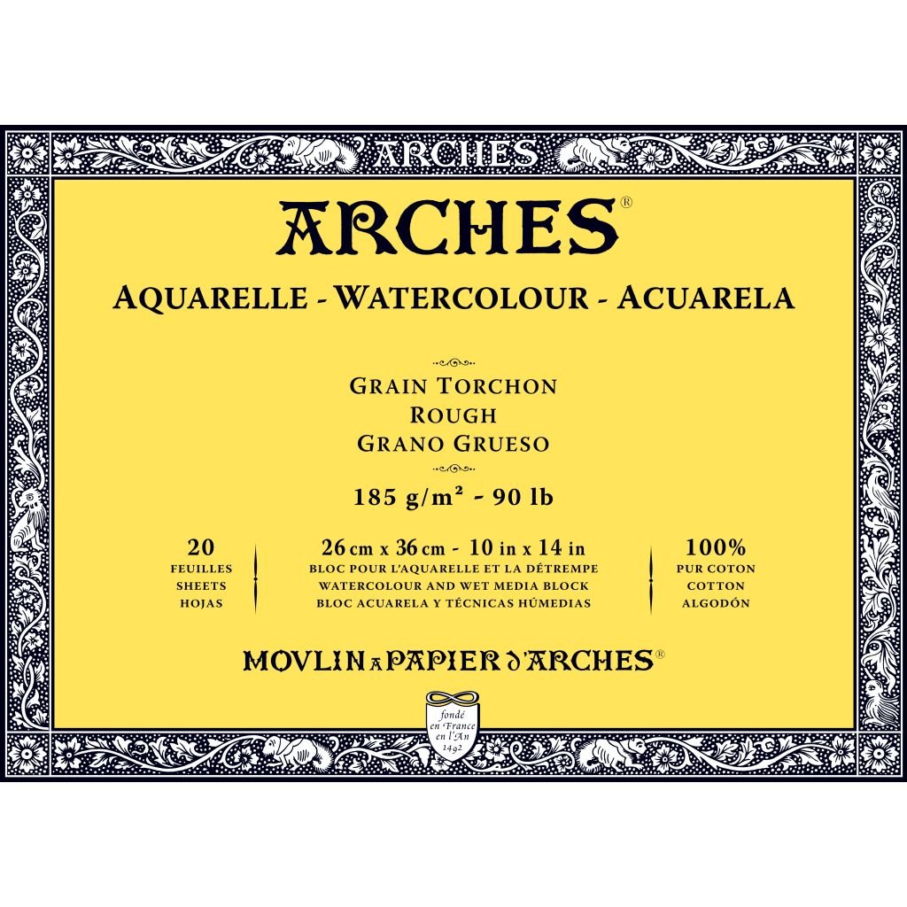 Arches Watercolour- Aquarelle - 26 cm x 36 cm Natural White Rough Grain 185 GSM Paper, 4 Side Glued Pad of 20 Sheets