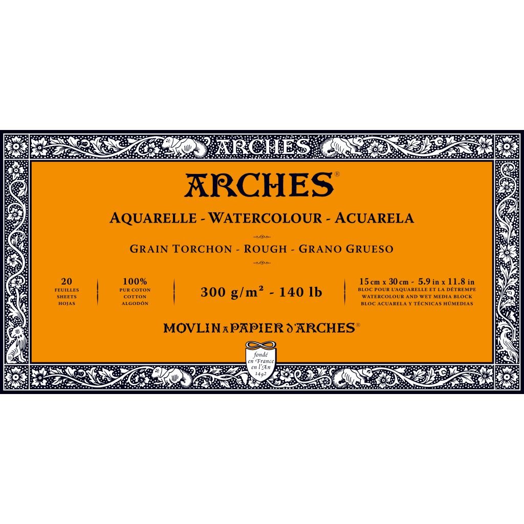 Arches Watercolour- Aquarelle - 15 cm x 30 cm Natural White Rough Grain 300 GSM Paper, 4 Side Glued Pad of 20 Sheets
