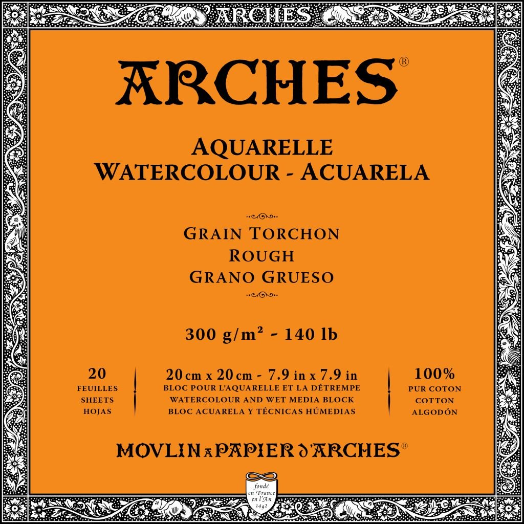 Arches Watercolour- Aquarelle - 20 cm x 20 cm Natural White Rough Grain 300 GSM Paper, 4 Side Glued Pad of 20 Sheets