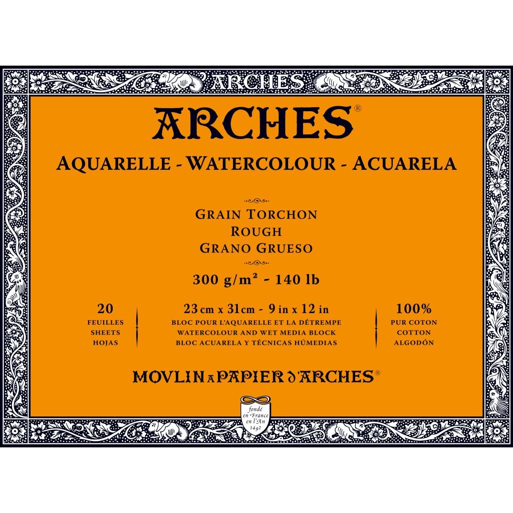 Arches Watercolour- Aquarelle - 23 cm x 31 cm Natural White Rough Grain 300 GSM Paper, 4 Side Glued Pad of 20 Sheets