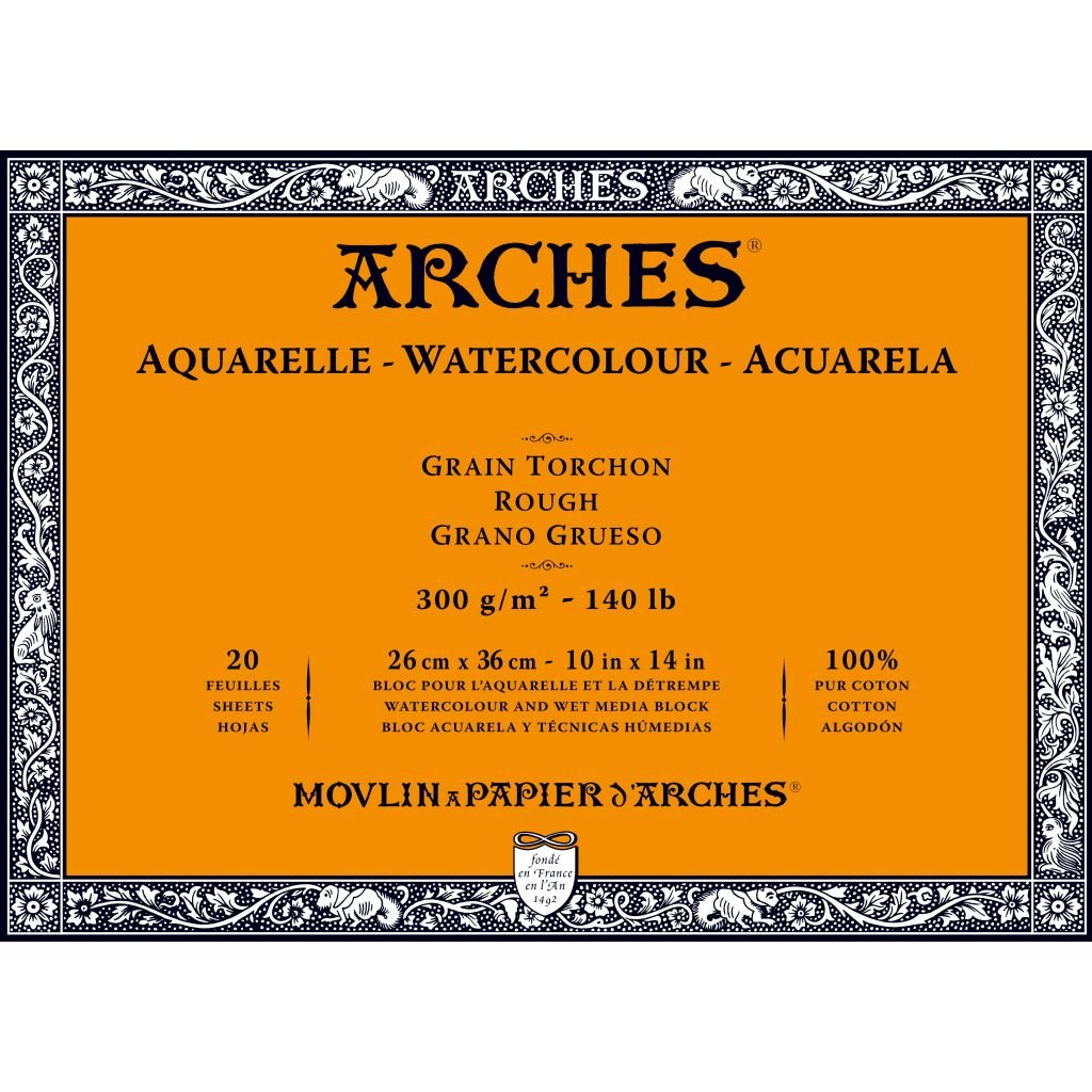 Arches Watercolour- Aquarelle - 26 cm x 36 cm Natural White Rough Grain 300 GSM Paper, 4 Side Glued Pad of 20 Sheets