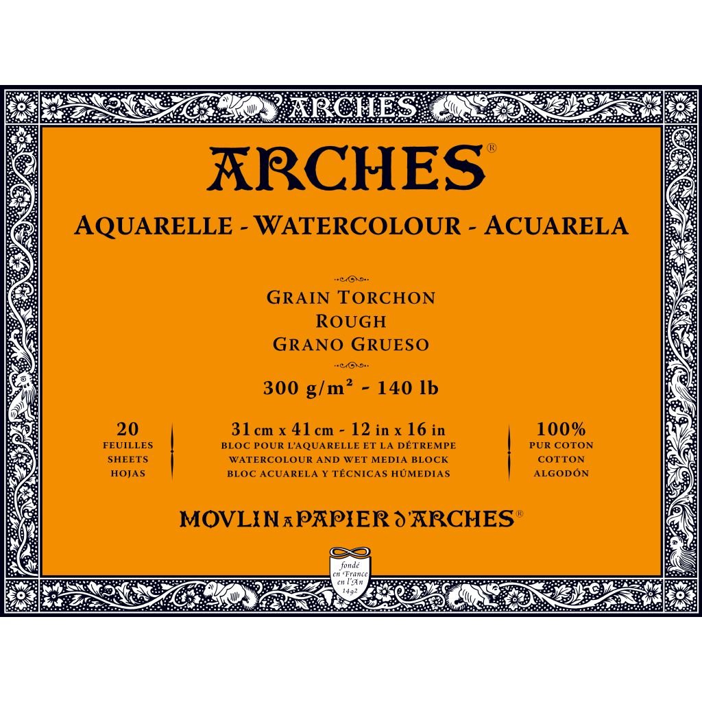 Arches Watercolour- Aquarelle - 31 cm x 41 cm Natural White Rough Grain 300 GSM Paper, 4 Side Glued Pad of 20 Sheets