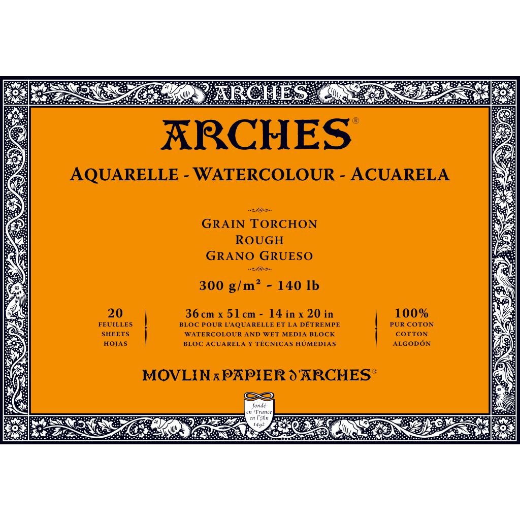 Arches Watercolour- Aquarelle - 36 cm x 51 cm Natural White Rough Grain 300 GSM Paper, 4 Side Glued Pad of 20 Sheets