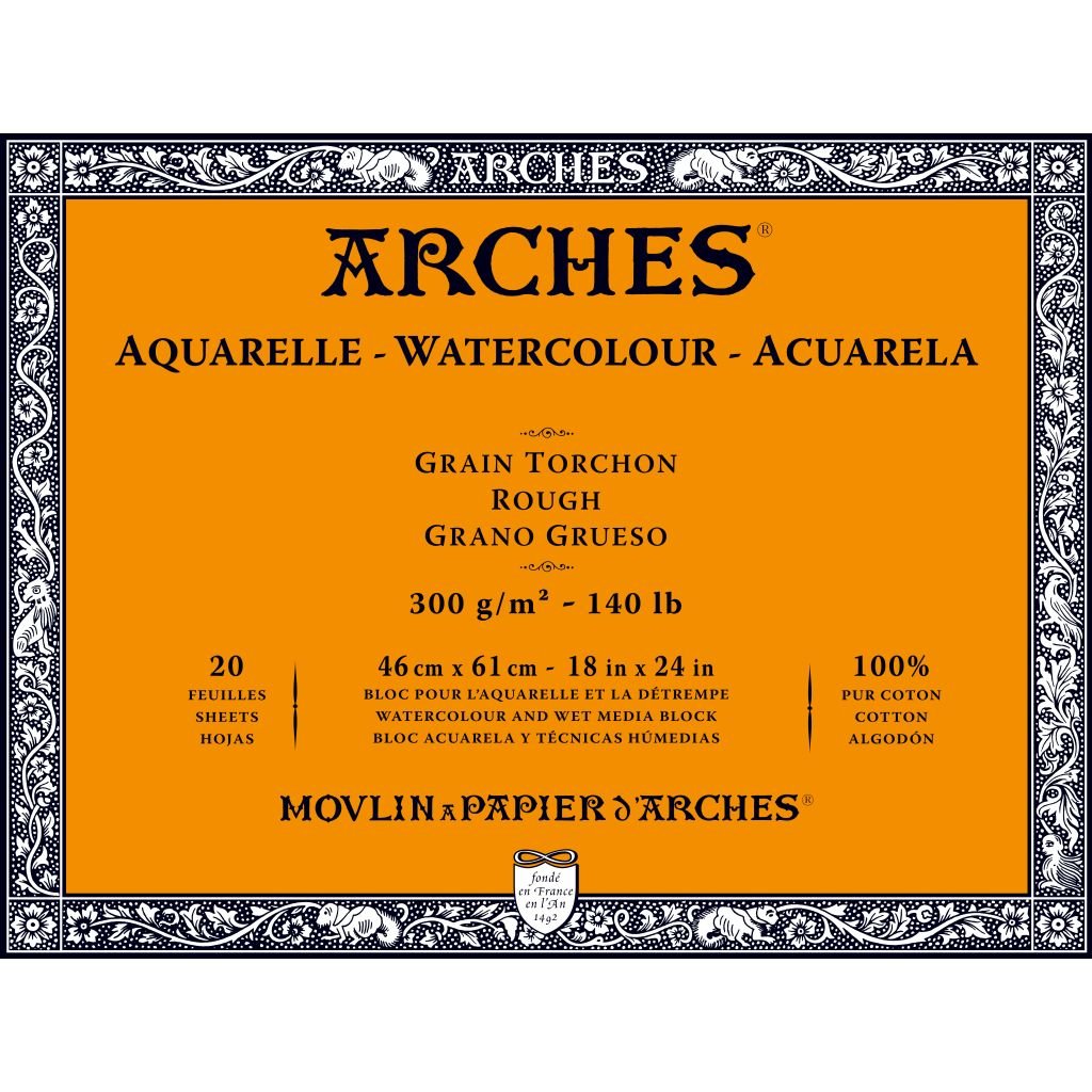Arches Watercolour- Aquarelle - 46 cm x 61 cm Natural White Rough Grain 300 GSM Paper, 4 Side Glued Pad of 20 Sheets