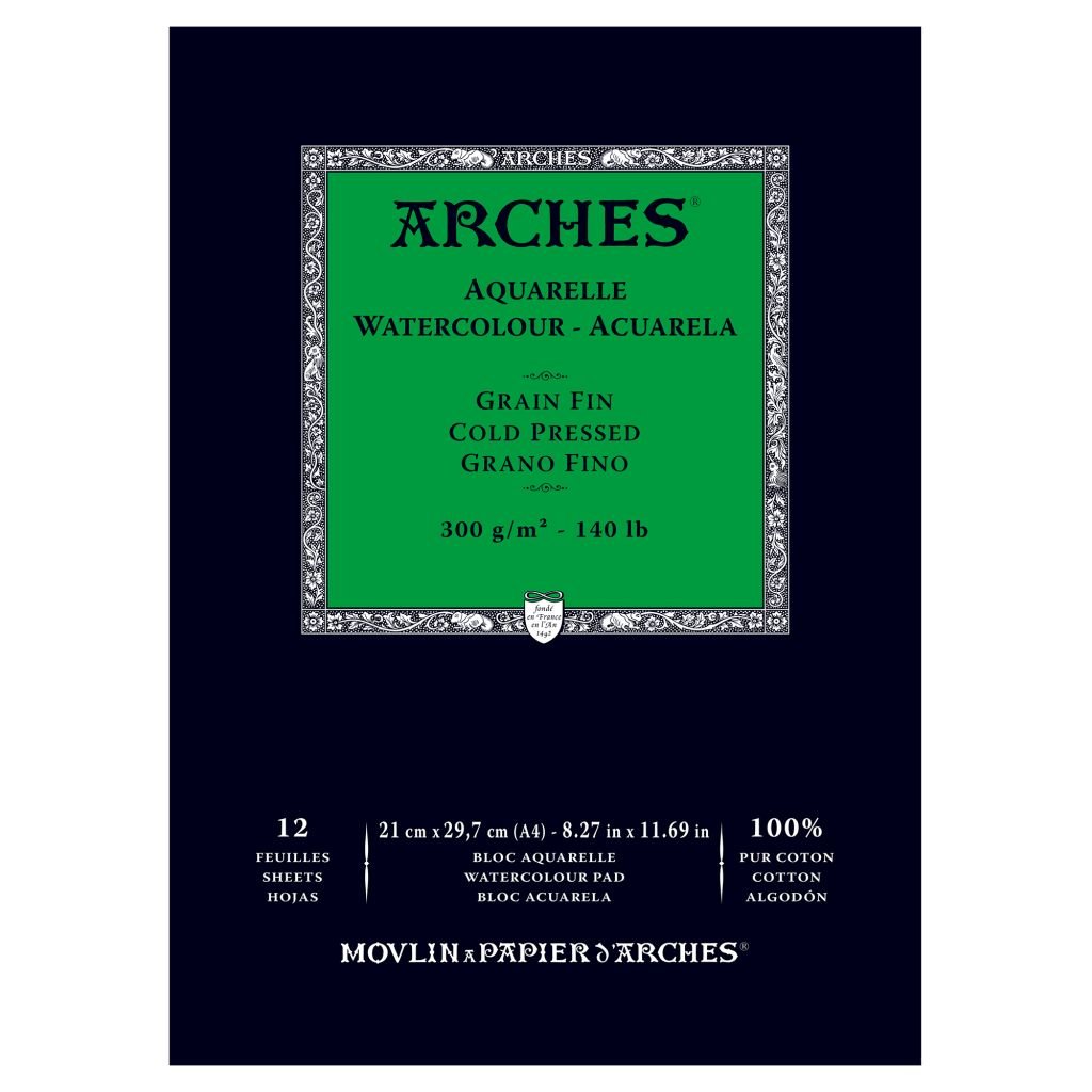 Arches Watercolour- Aquarelle - A4 (21 cm x 29.7 cm) Natural White Fine Grain / Cold Press 300 GSM Paper, Short Side Glued Pad of 12 Sheets