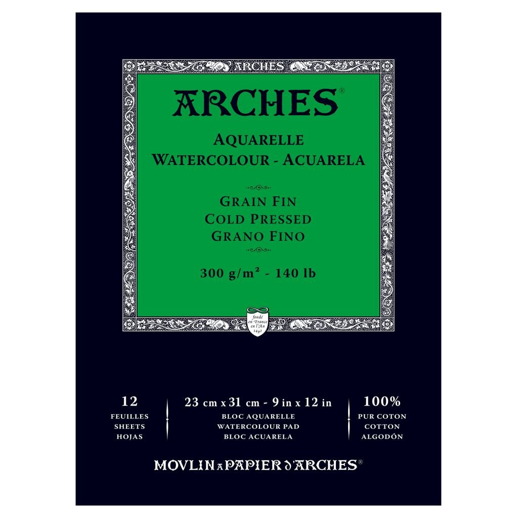 Arches Watercolour- Aquarelle - 23 cm x 31 cm Natural White Fine Grain / Cold Press 300 GSM Paper, Short Side Glued Pad of 12 Sheets