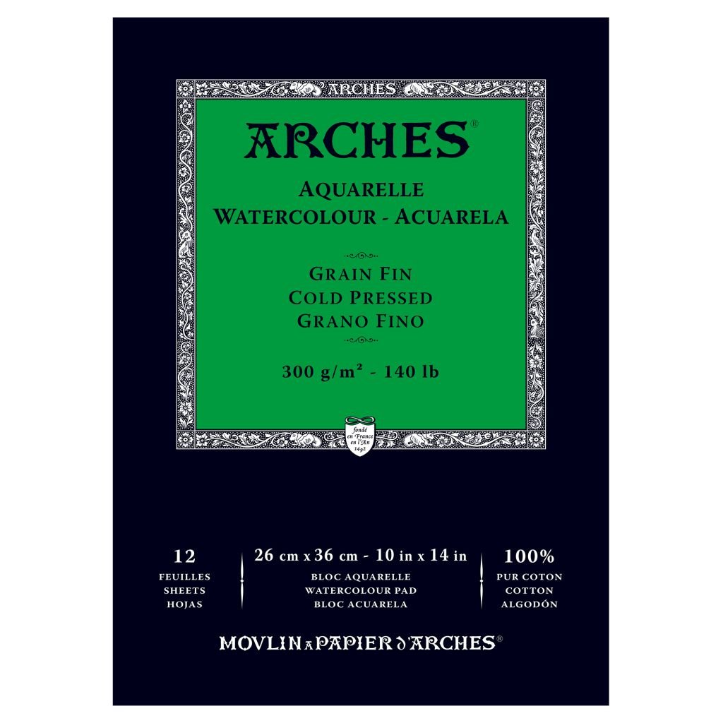 Arches Watercolour- Aquarelle - 26 cm x 36 cm Natural White Fine Grain / Cold Press 300 GSM Paper, Short Side Glued Pad of 12 Sheets