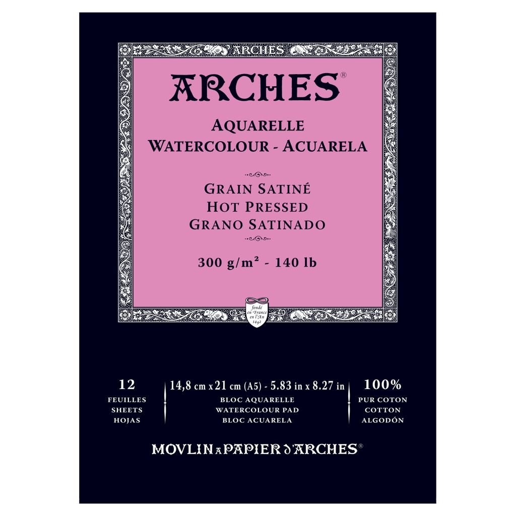 Arches Watercolour- Aquarelle - A5 (14.8 cm x 21 cm) Natural White Satin Grain / Hot Press 300 GSM Paper, Short Side Glued Pad of 12 Sheets