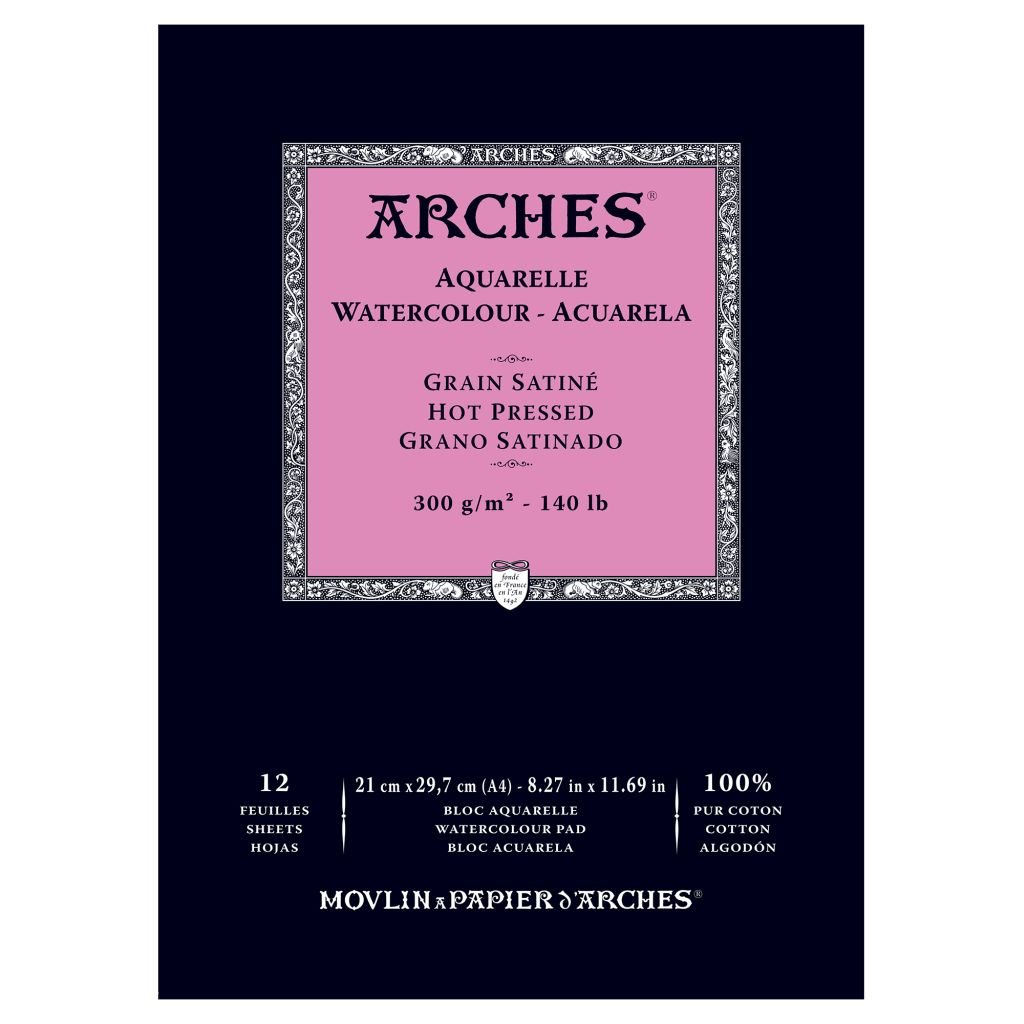 Arches Watercolour- Aquarelle - A4 (21 cm x 29.7 cm) Natural White Satin Grain / Hot Press 300 GSM Paper, Short Side Glued Pad of 12 Sheets