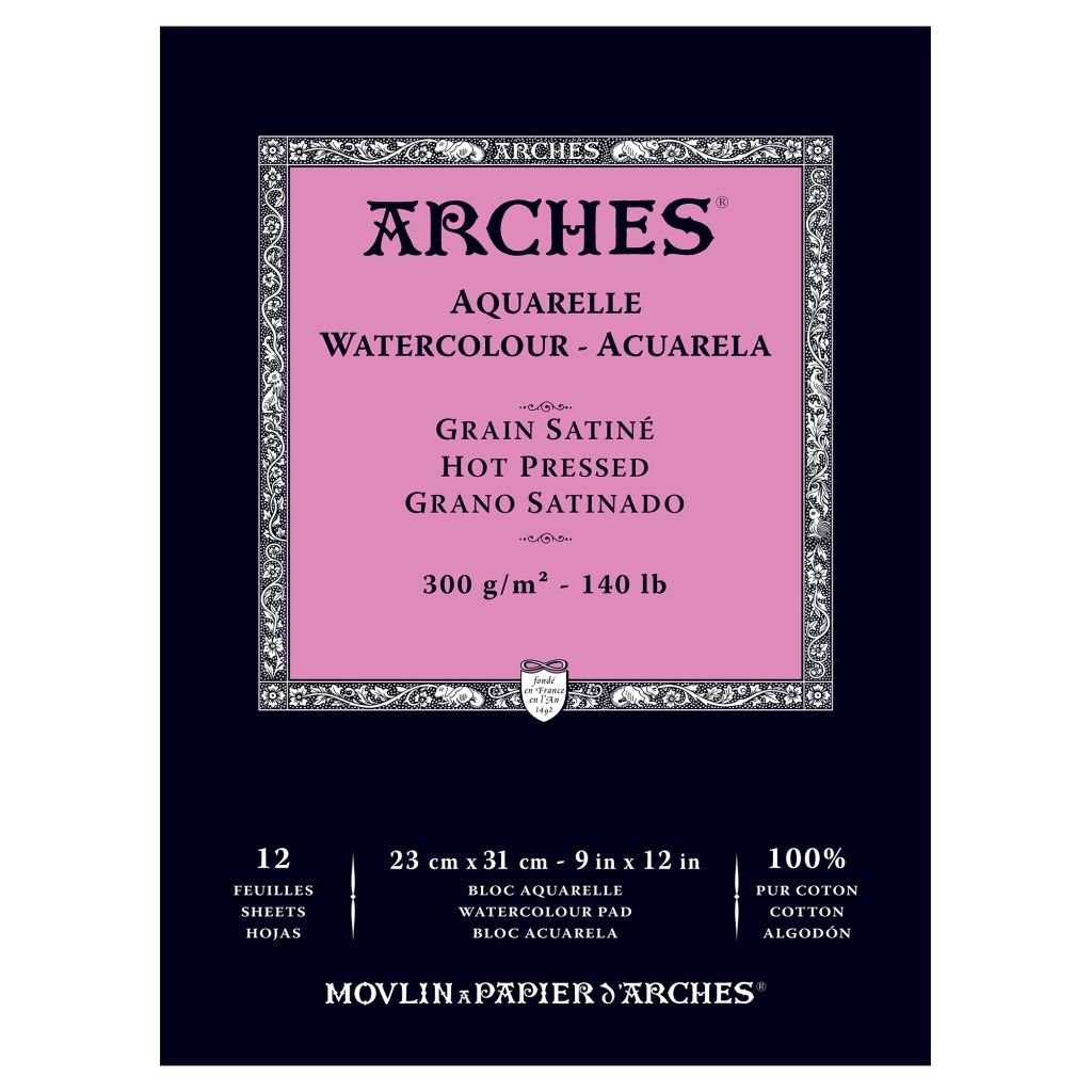 Arches Watercolour- Aquarelle - 23 cm x 31 cm Natural White Satin Grain / Hot Press 300 GSM Paper, Short Side Glued Pad of 12 Sheets