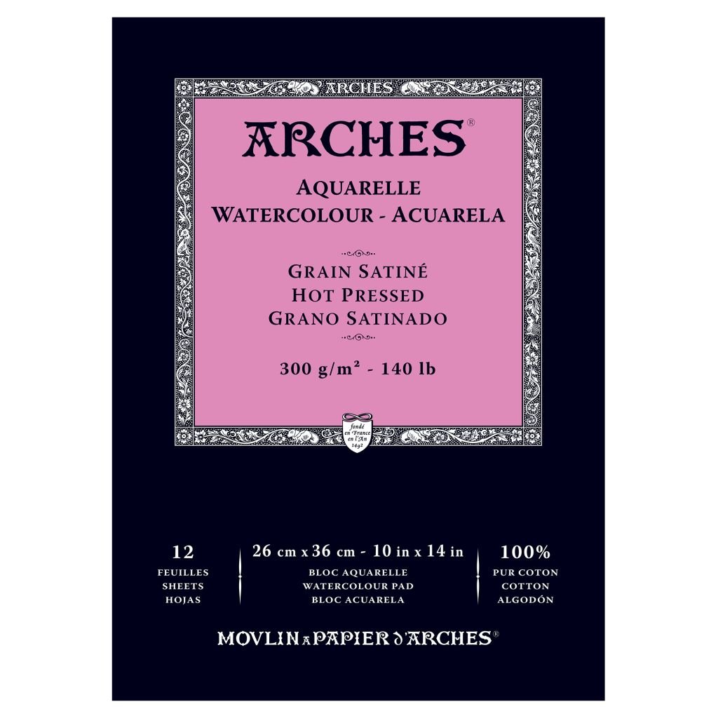 Arches Watercolour- Aquarelle - 26 cm x 36 cm Natural White Satin Grain / Hot Press 300 GSM Paper, Short Side Glued Pad of 12 Sheets