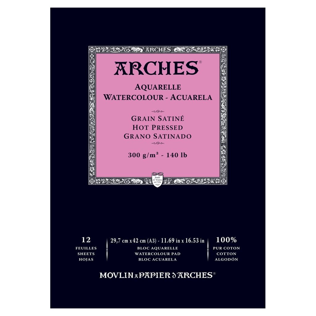 Arches Watercolour- Aquarelle - A3 (29.7 cm x 42 cm) Natural White Satin Grain / Hot Press 300 GSM Paper, Short Side Glued Pad of 12 Sheets