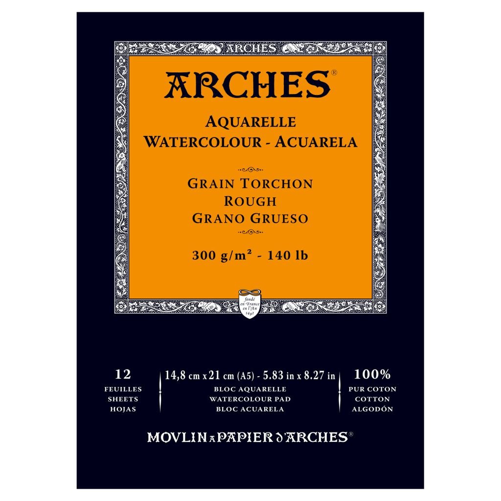 Arches Watercolour- Aquarelle - A5 (14.8 cm x 21 cm) Natural White Rough Grain 300 GSM Paper, Short Side Glued Pad of 12 Sheets