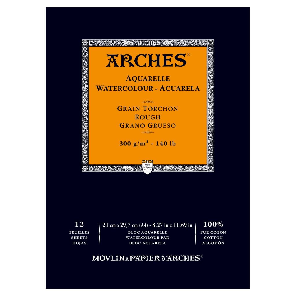Arches Watercolour- Aquarelle - A4 (21 cm x 29.7 cm) Natural White Rough Grain 300 GSM Paper, Short Side Glued Pad of 12 Sheets