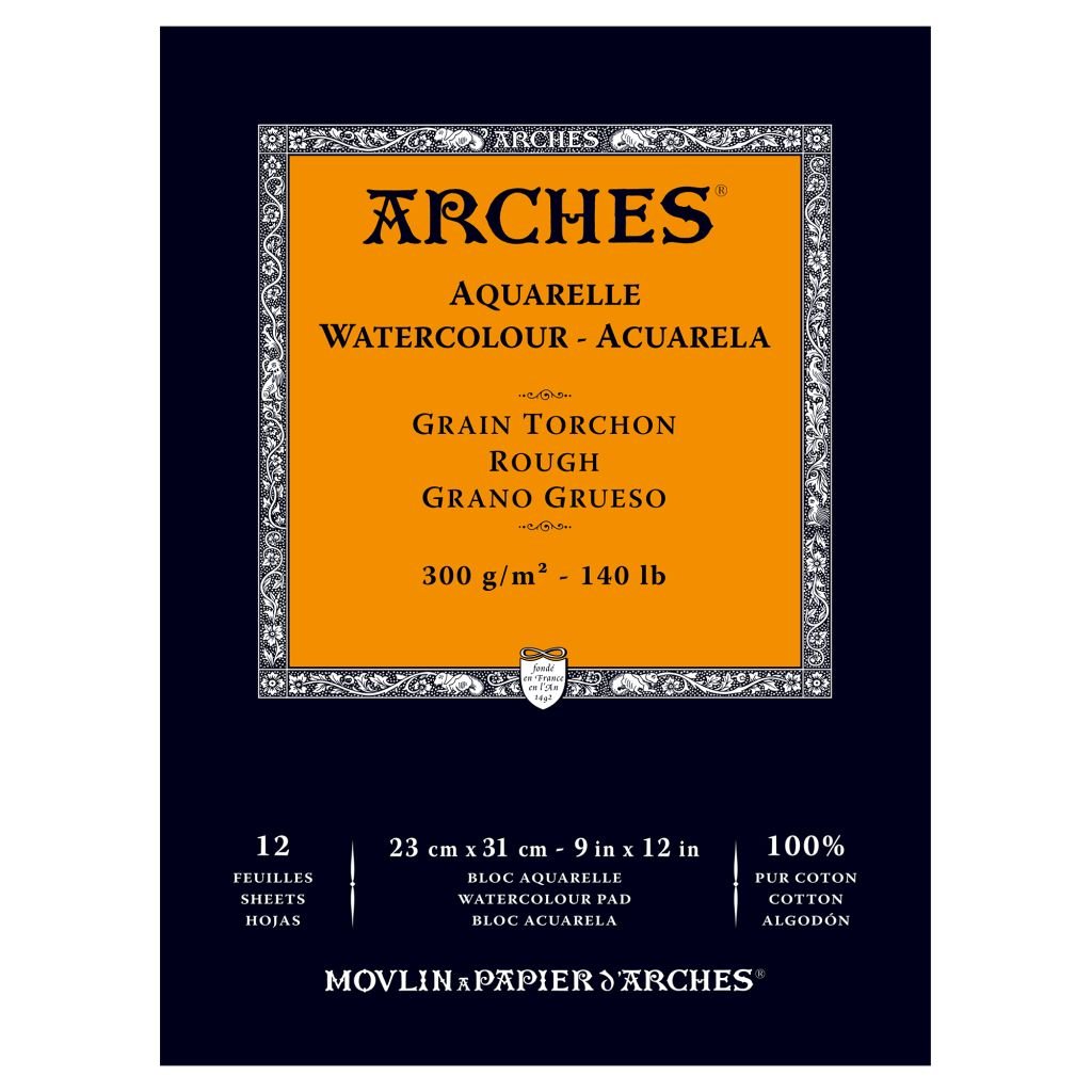 Arches Watercolour- Aquarelle - 23 cm x 31 cm Natural White Rough Grain 300 GSM Paper, Short Side Glued Pad of 12 Sheets