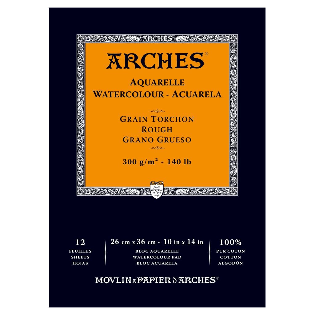 Arches Watercolour- Aquarelle - 26 cm x 36 cm Natural White Rough Grain 300 GSM Paper, Short Side Glued Pad of 12 Sheets