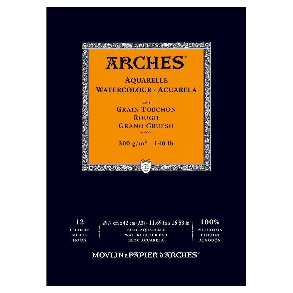 Arches Watercolour- Aquarelle - A3 (29.7 cm x 42 cm) Natural White Rough Grain 300 GSM Paper, Short Side Glued Pad of 12 Sheets