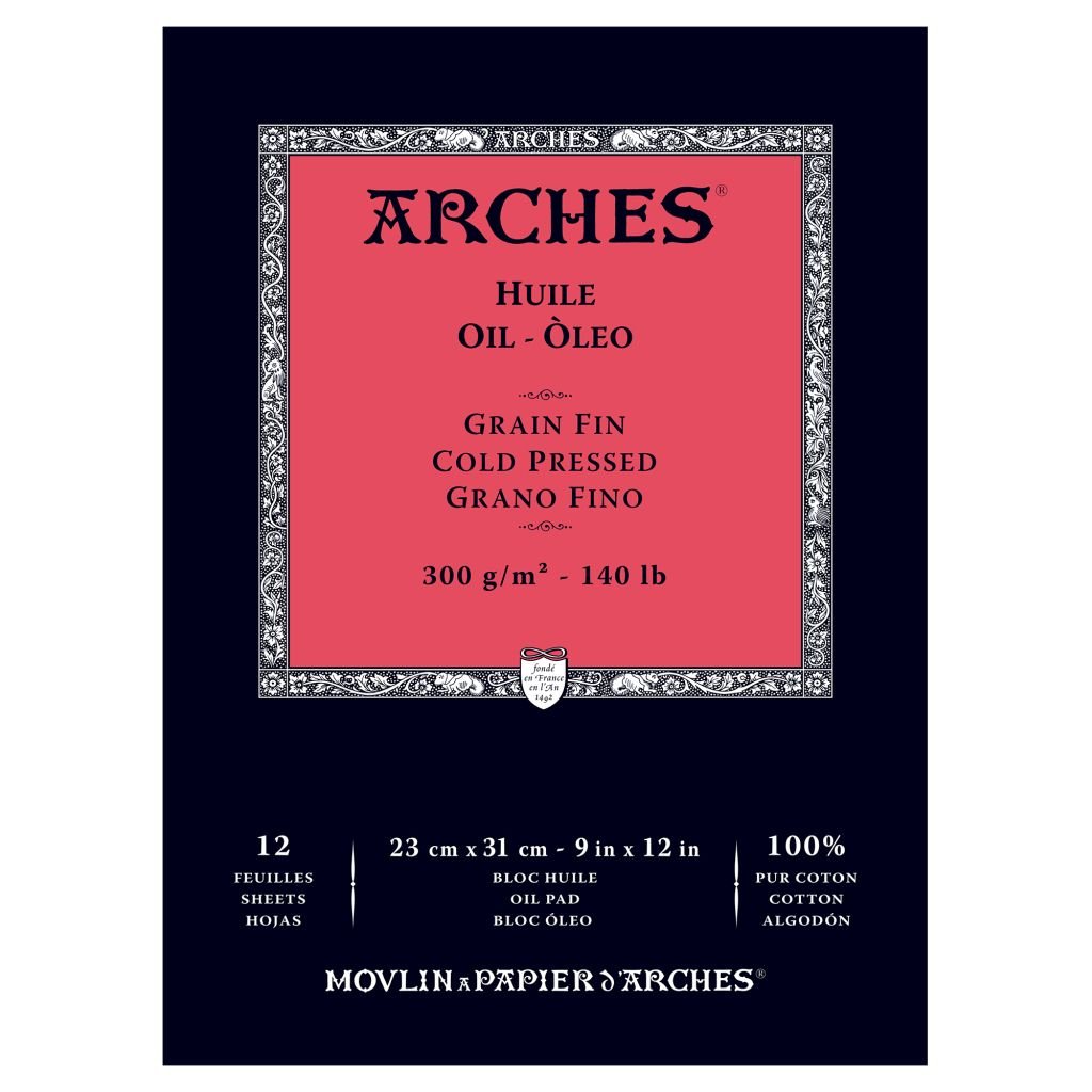Arches Oil- Huile - 23 cm x 31 cm White Fine Grain / Cold Press 300 GSM Paper, Short Side Glued Pad of 12 Sheets